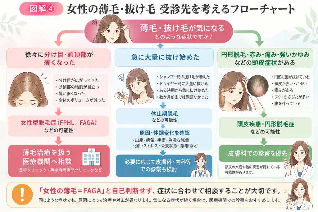 女性 薄毛 何科 抜け毛 FAGA 皮膚科 受診目安