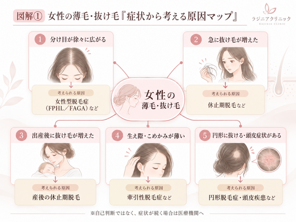 女性 薄毛 抜け毛 原因 FAGA 休止期脱毛 産後 牽引性脱毛症
