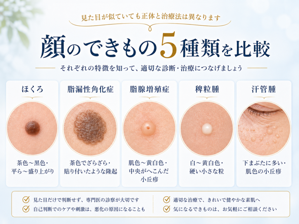 顔のできもの ほくろ 脂漏性角化症 脂腺増殖症 稗粒腫 汗管腫 違い