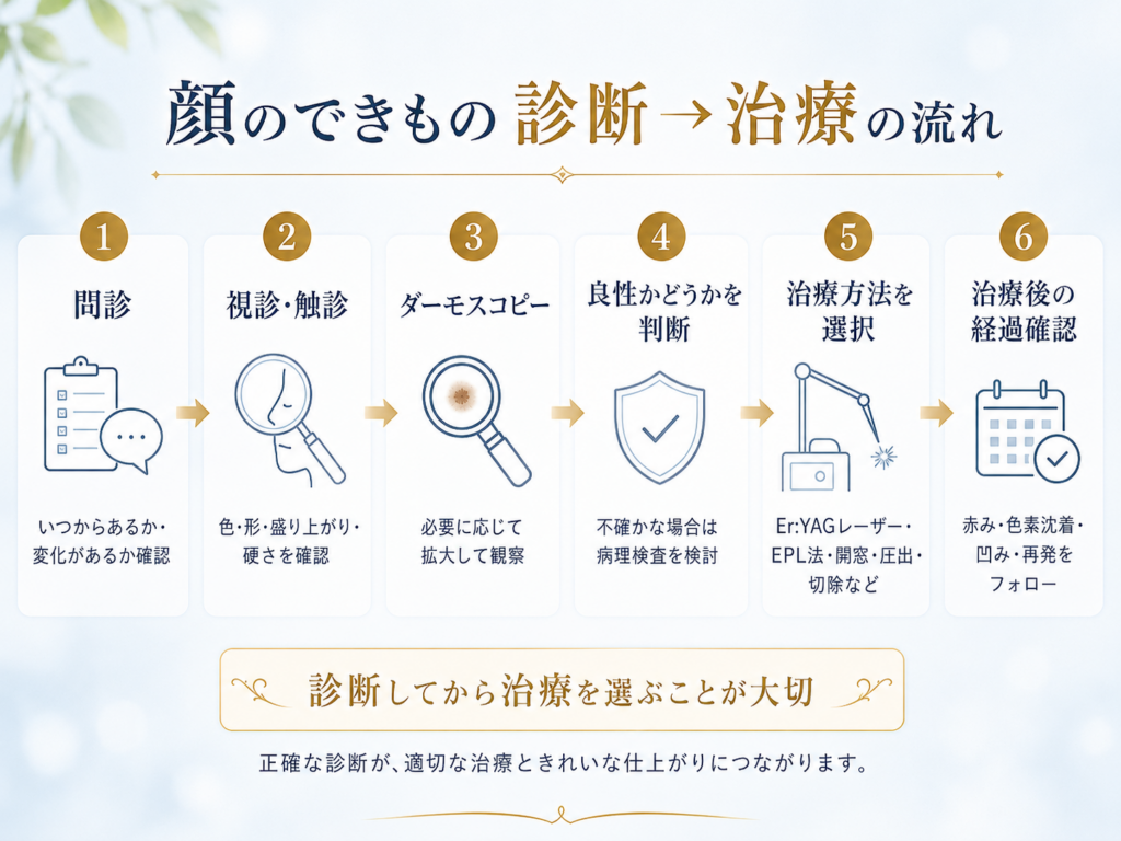 顔のできもの 診断 ダーモスコピー Er:YAGレーザー 病理検査 治療