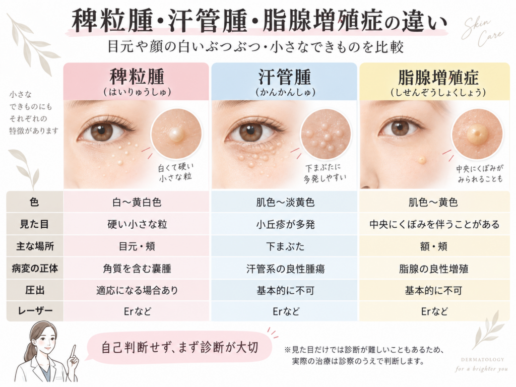 目の下 白いぶつぶつ 稗粒腫 汗管腫 脂腺増殖症 違い