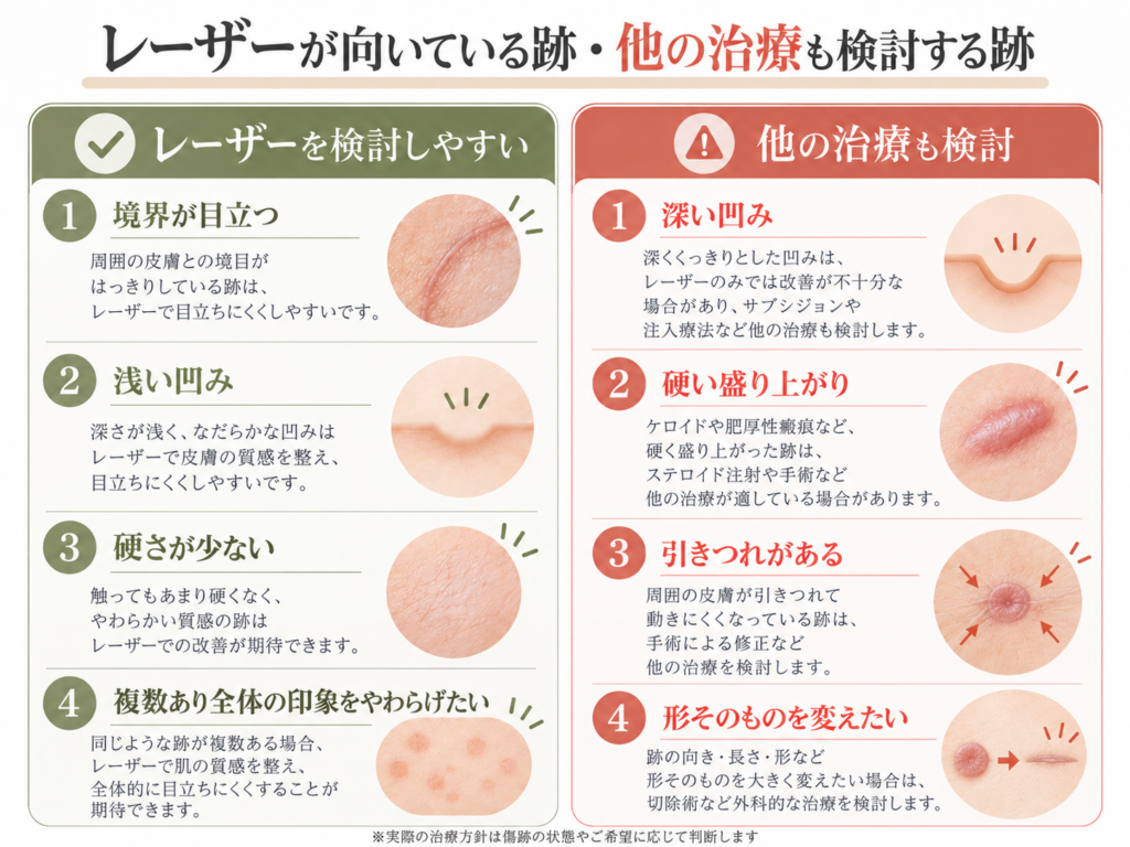 根性焼き跡の状態別に治療の考え方を整理した図解