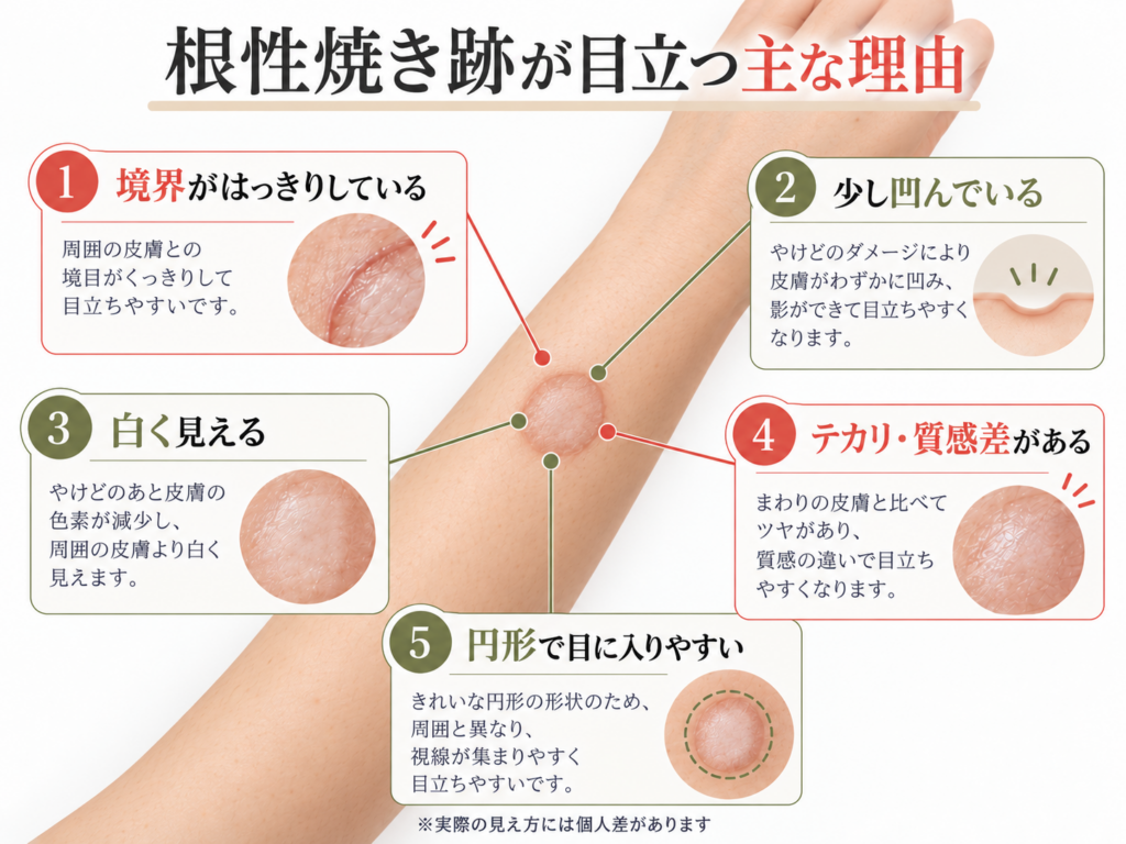 根性焼き跡が目立つ理由を示した図解