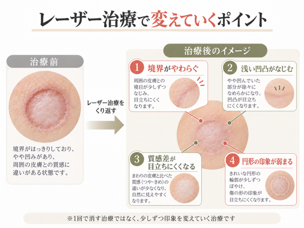 根性焼き跡に対するレーザー治療の考え方を示した図解